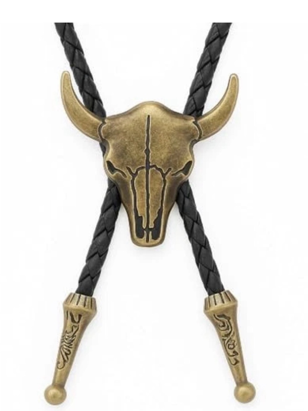 Bronze Bull Skull Bolo Tie with Black Braided Cord - Picture 3 of 4